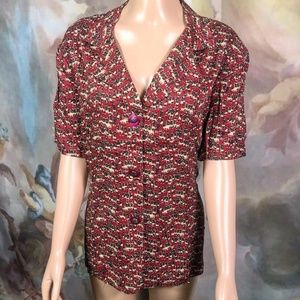 Vintage Laurel Red Short Sleeve Button Up Too Shirt Blouse Fox Hunt Print Large